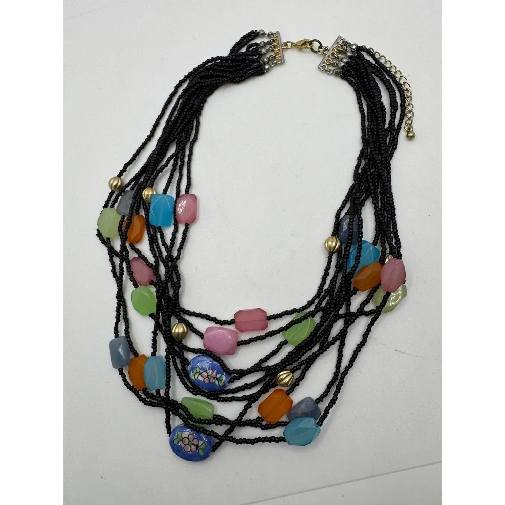 Vintage Multi Strand Black Seed Bead Necklace Colorful Acrylic Floral Porcelain